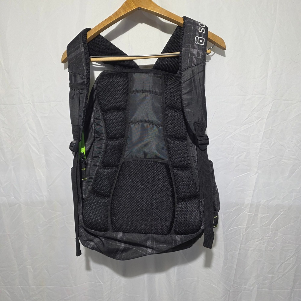 SOL Grey Black Plaid Backpack Neon Green Trim Multi Pocket Laptop Bag - Picture 3 of 5